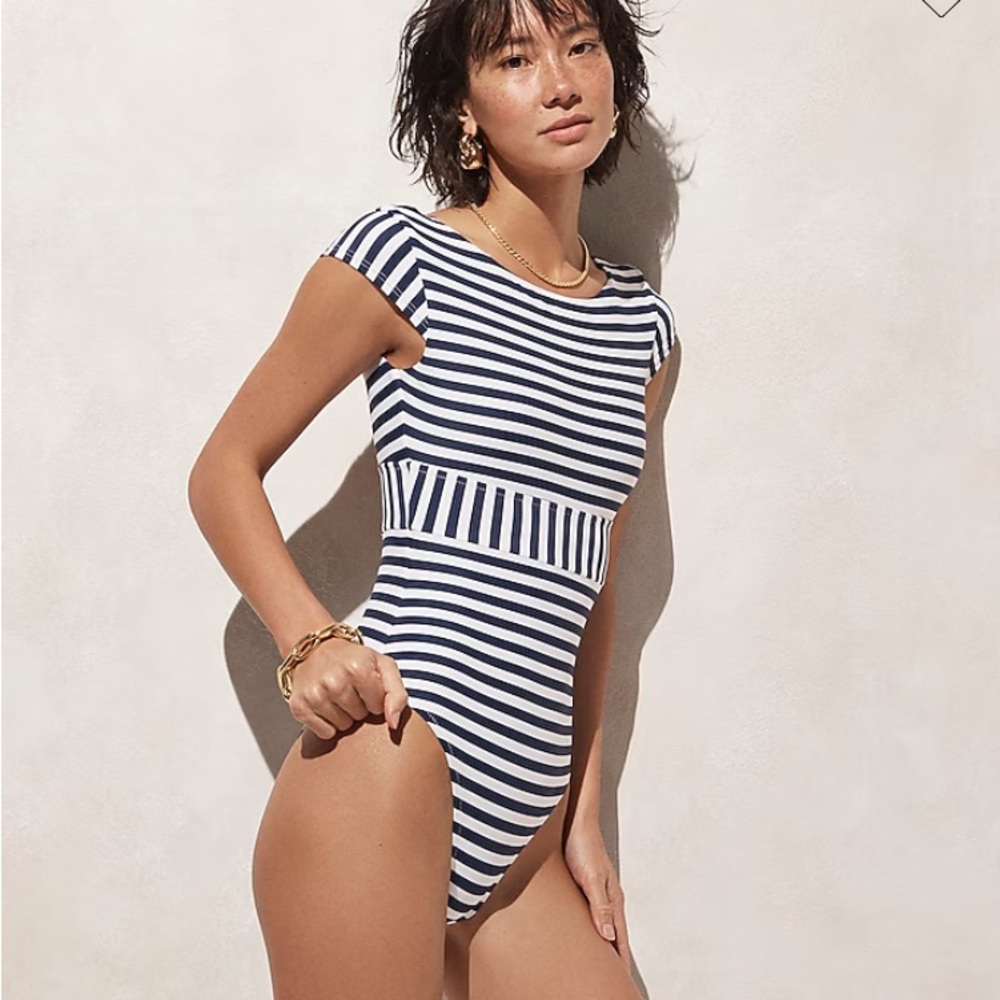 NWT J-Crew cap sleeve swimsuit navy and white stripe, size 8